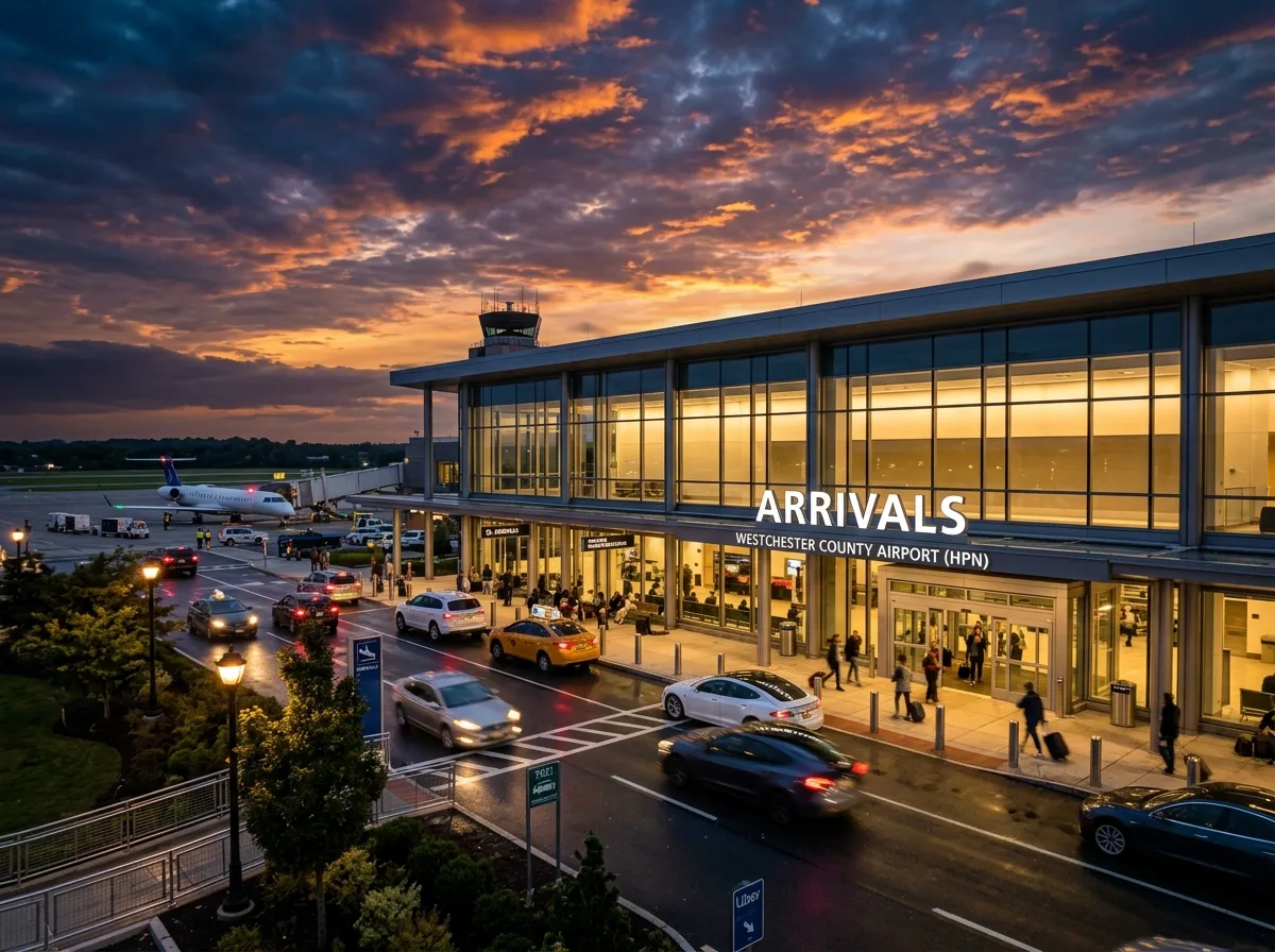 Westchester County Airport arrivals terminal exterior at dusk, wide-angle, dramatic sky, modern glass facade