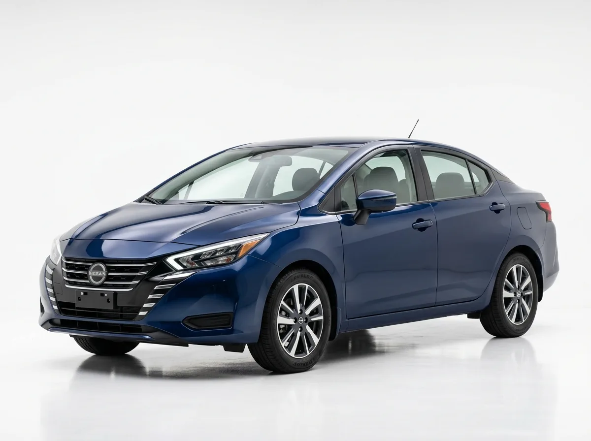 Compact sedan car, dark blue, three-quarter front view, studio white background, Nissan Versa style