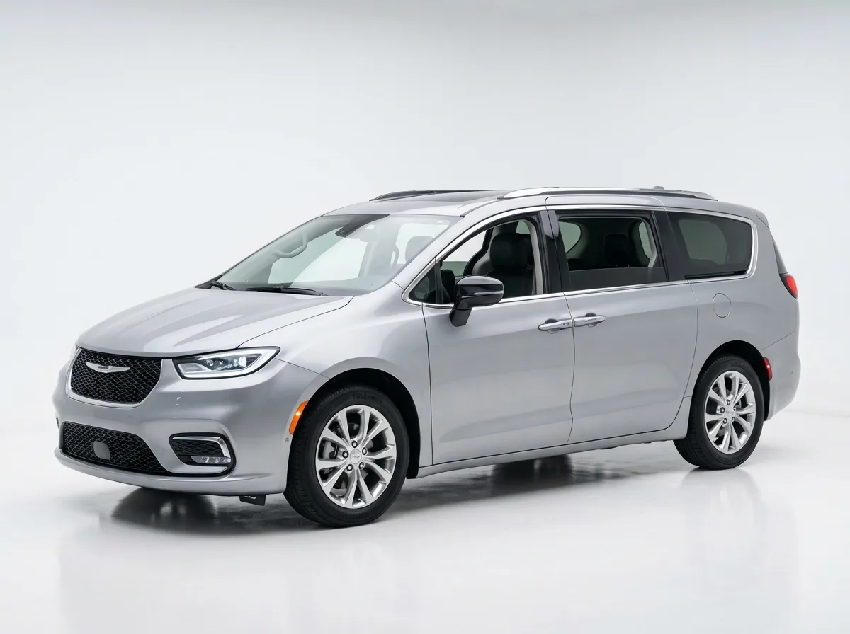 Chrysler Pacifica minivan, silver, side three-quarter view, spacious family van, white studio background