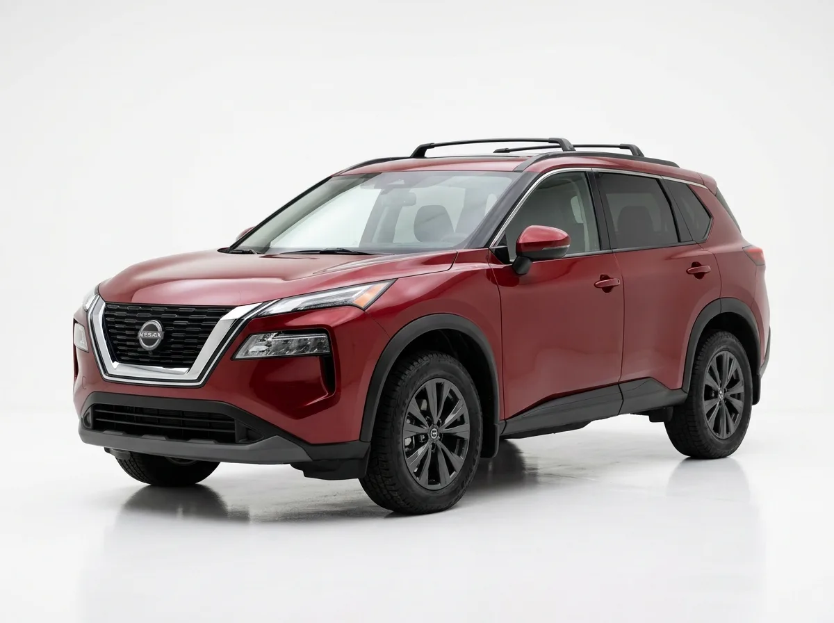 Nissan Rogue SUV, dark red, three-quarter front view, crossover SUV, white studio background