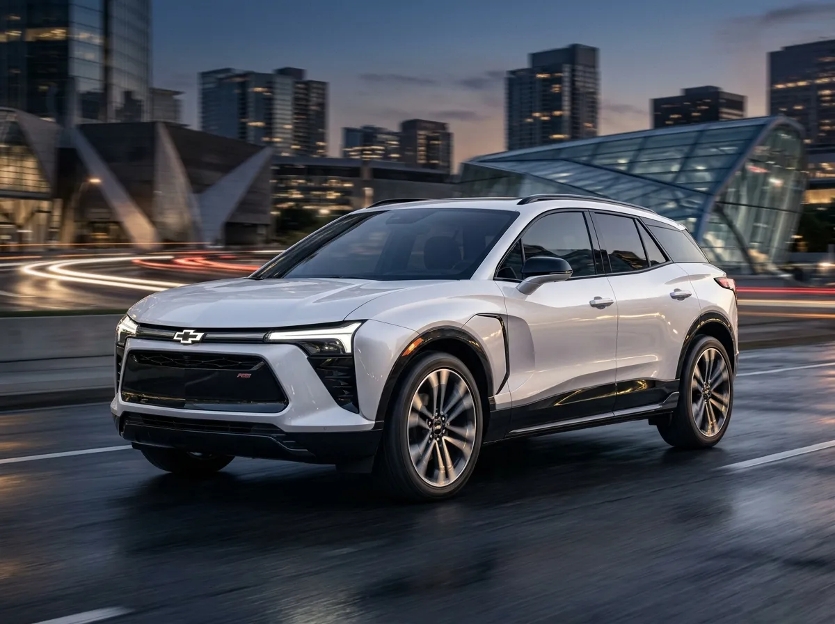 Chevrolet Blazer premium SUV, pearl white, dynamic three-quarter angle, upscale crossover, dramatic studio lighting